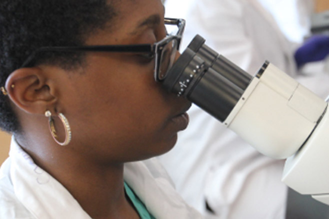 Student looking through a microscope