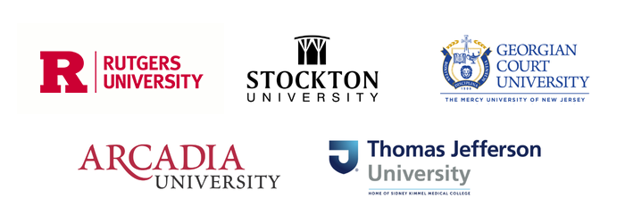 Rutgers State University of New Jersey logo, Stockton University Logo, Georgian Court University logo, Arcadia University logo, and Thomas Jefferson University Logo together
