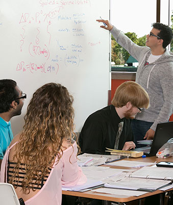 students around a table with someone pointing to a whiteboard