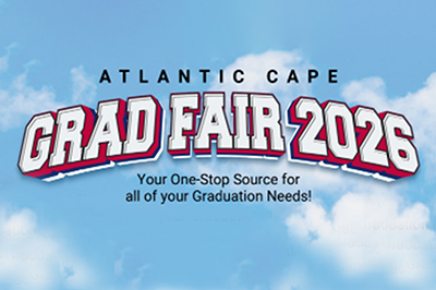 Grad Fair logo in a blue sky with clouds.