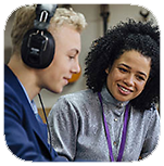 People at a studio learning about music and language.
