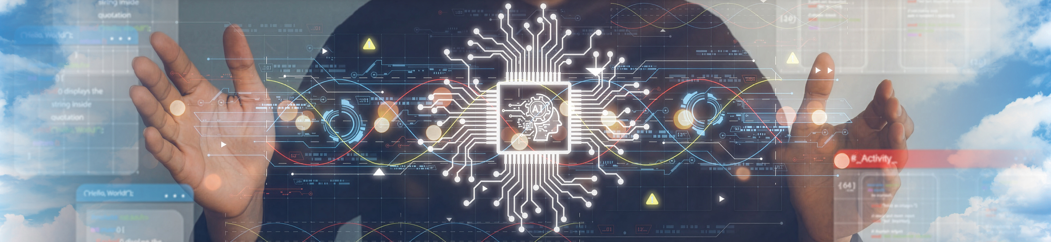Circuit board with traces running to components on a pcb board and open hands operating a HUD.