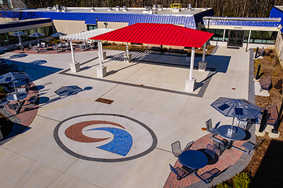 The Innovation Centers outside patio where students relax on their breaks between classes.