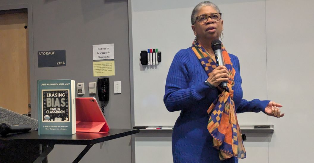 Janis Washington White speaks to the audience about erasing bias in the classroom