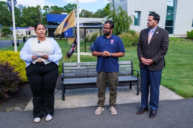 Los Latinos Unidos President Abisag Gomez Ferraras speaks at flag raising ceremony