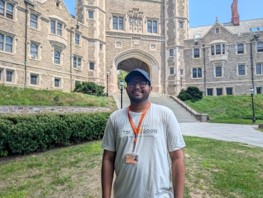 Jayed Sourov in front of Blair Arch at Princeton University