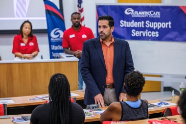 Atlantic Cape President Dr. Jason Abreu speaks to students