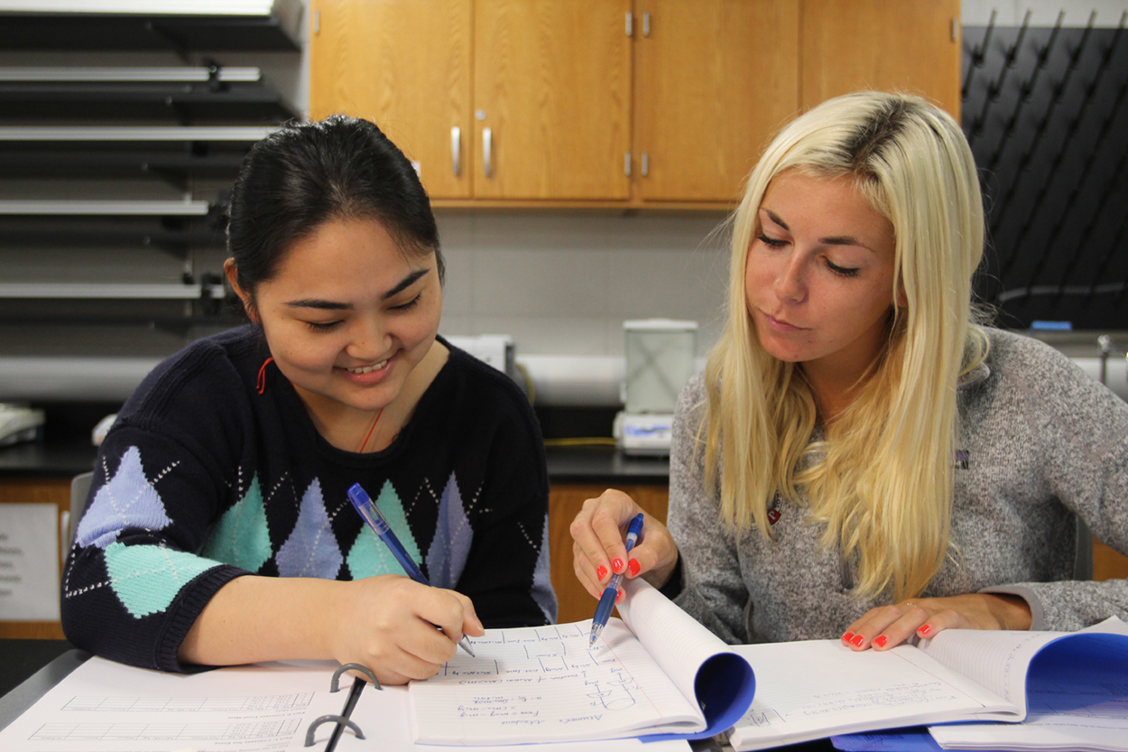 Students at a table studying together.