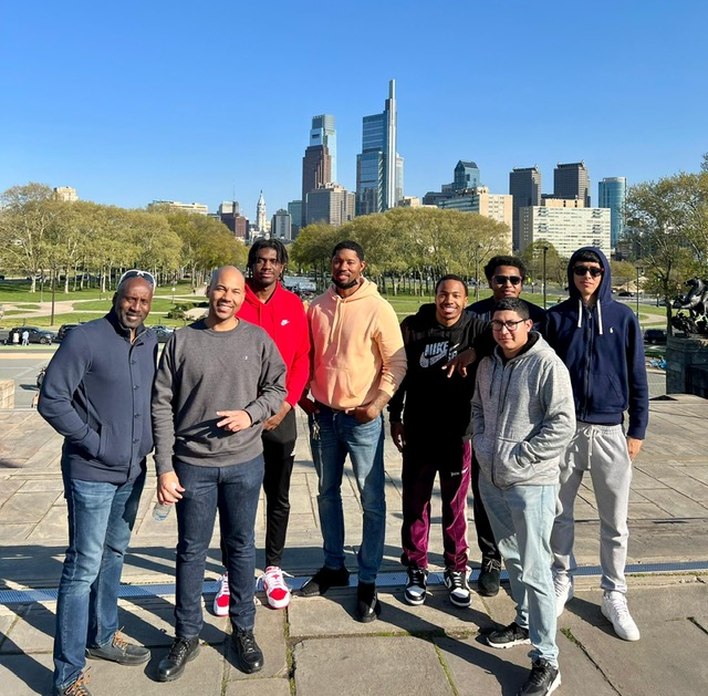 Men of Atlantic Cape on the Philadelphia Art Museum steps.