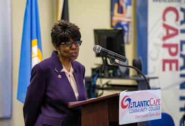 Atlantic Cape President Dr. Barbara Gaba speaks at the cohort kickoff event at the Worthington AC campus