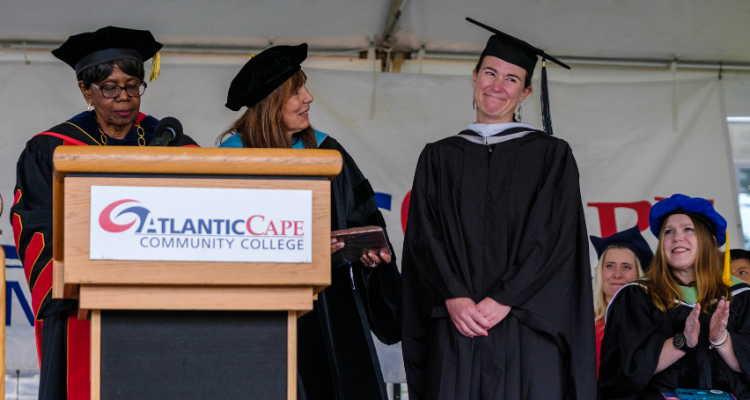 Atlantic Cape English Professor Stephanie Natale-Boianelli on the right receives the Lindback Distinguished Teaching Award for 2023